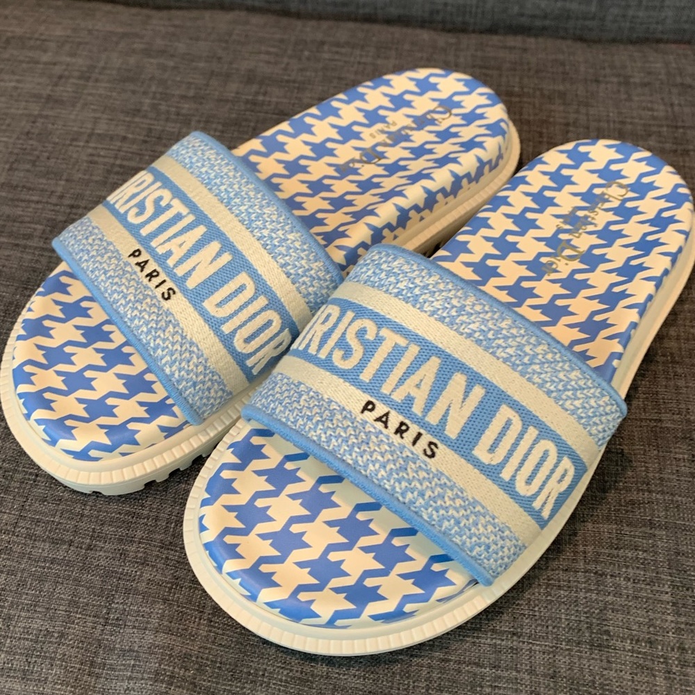 Christian Dior blue and white herringbone slides sz 37.5